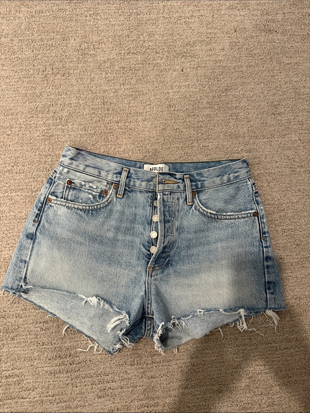 AGOLDE Light Blue High-Rise Distressed Denim Shorts